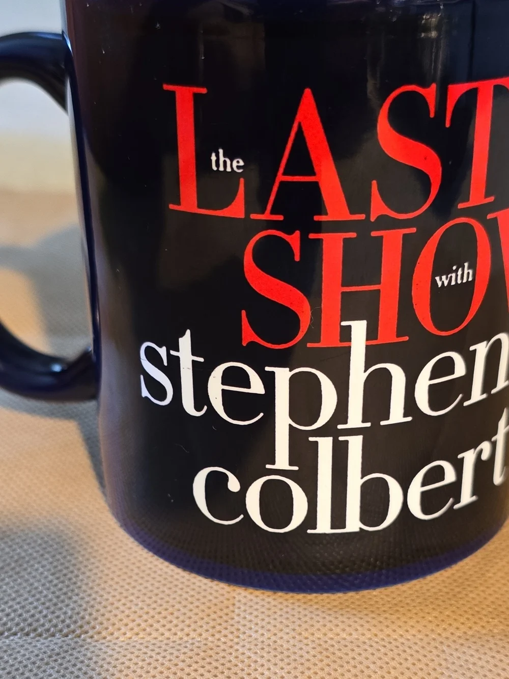 Navy Blue Ceramic Mug with Bold Red & White Text